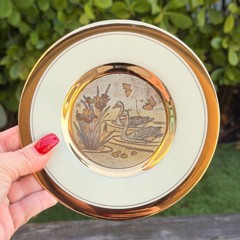 Vintage The Art of Chokin 24k Gold Edged Plate Japan Ducks Butterflies Marsh